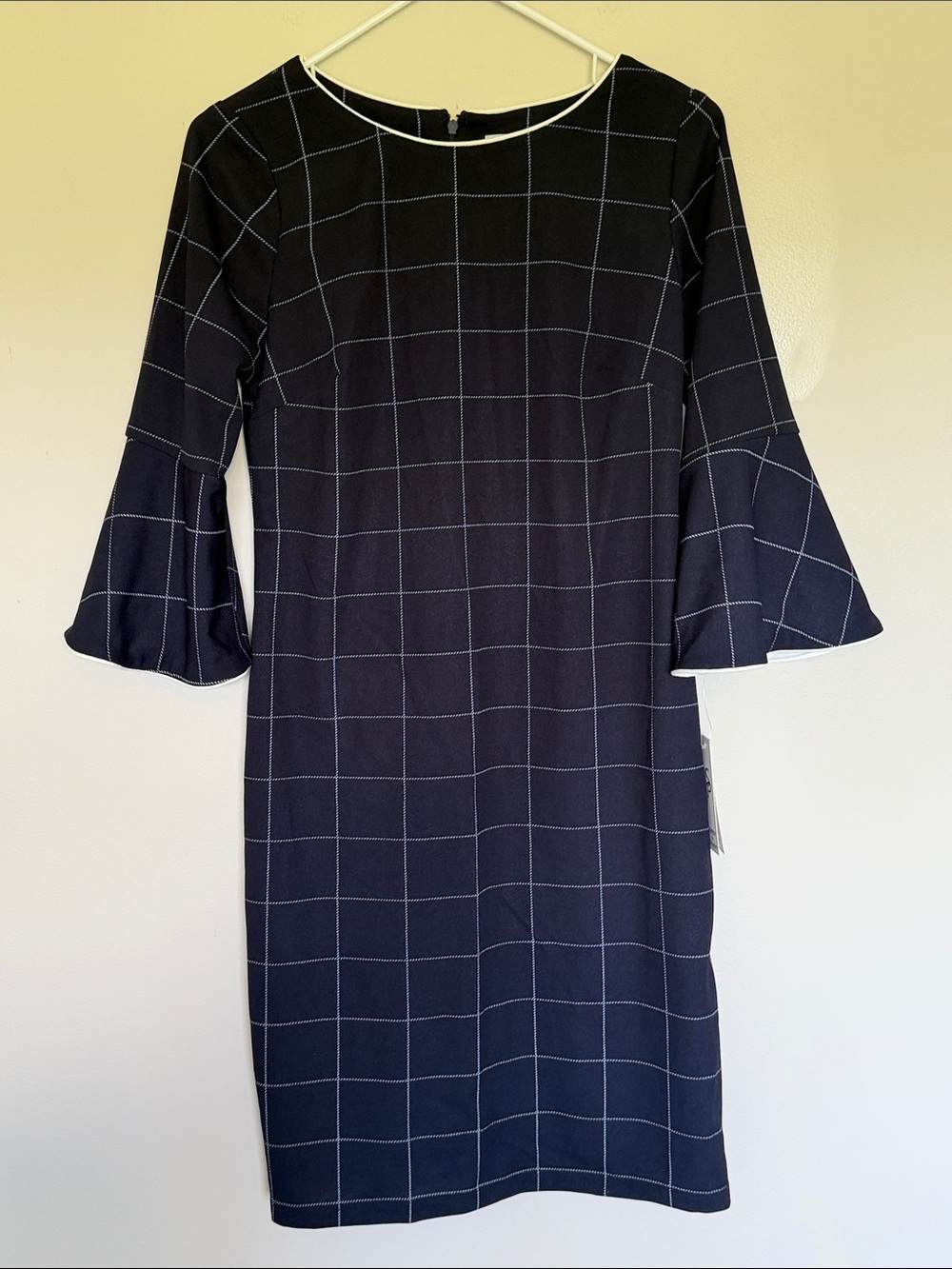 NWT Shelby & Palmer Navy Windowpane Bell-Sleeve Midi Dress - Size 8